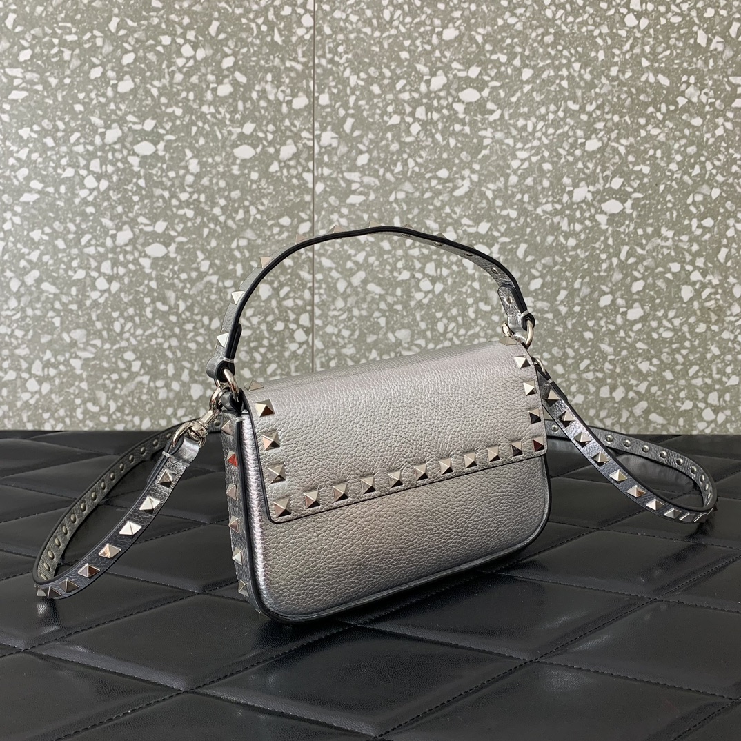 Valentino Garavani Rockstud Small Shoulder Bag in Silver Grainy Calfskin